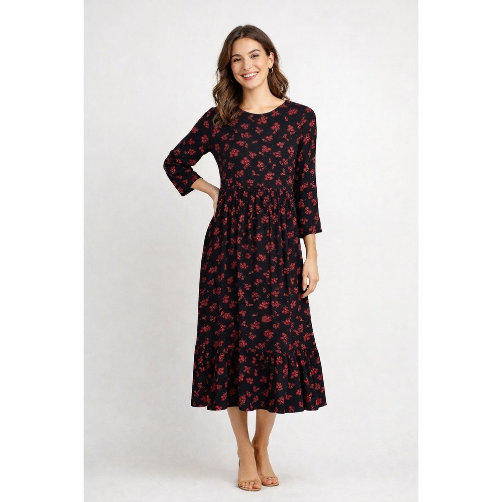 NEW Loft Black Red Floral 3/4 Sleeve Whimsygoth Midest Midi Dress‎ Size Small